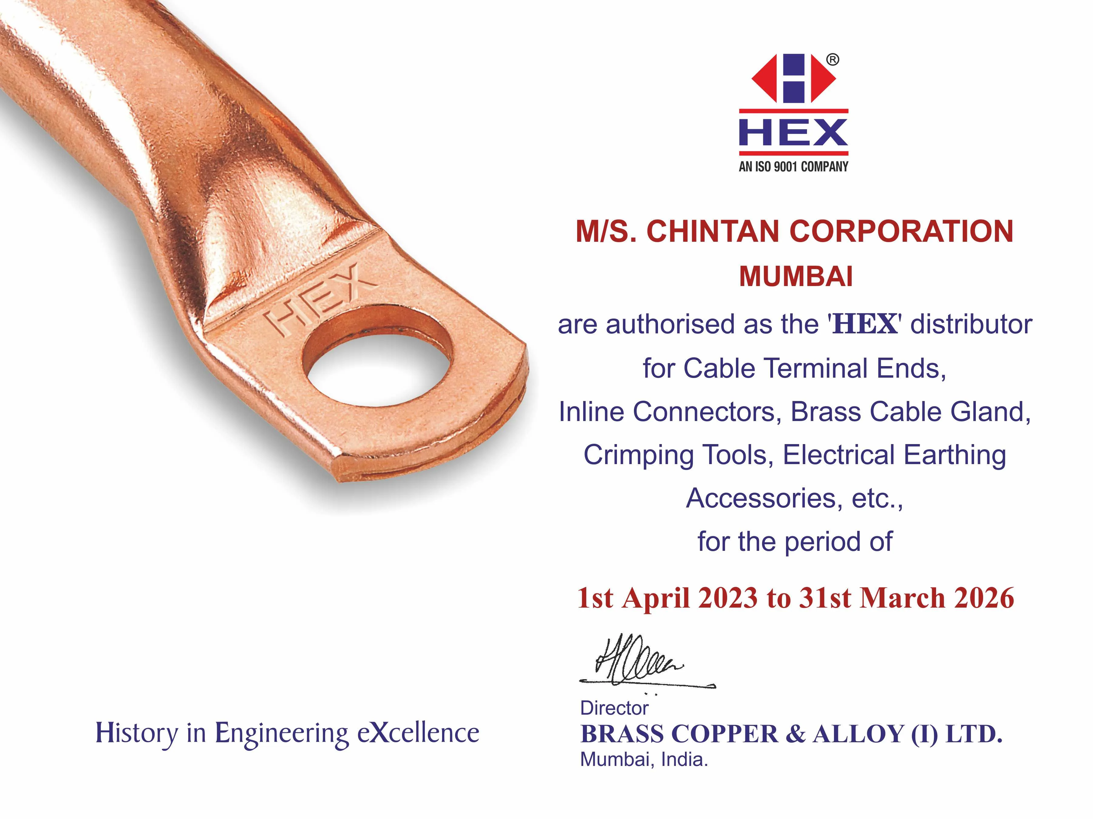 HEX Authorized Dealership Certificate - Chintan Corporation